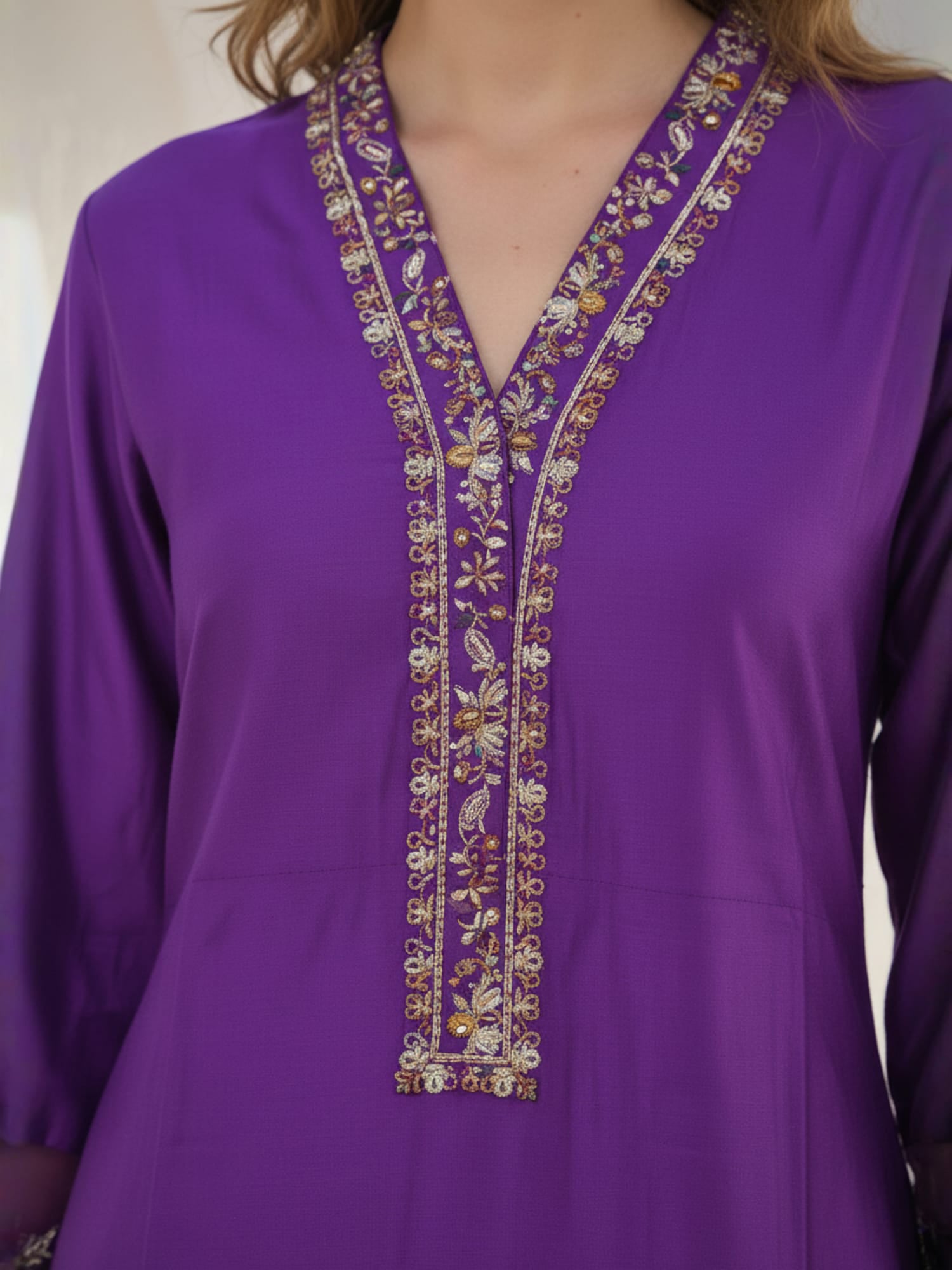 Indo Era Purple Embroidered Straight Kurta Trousers Set