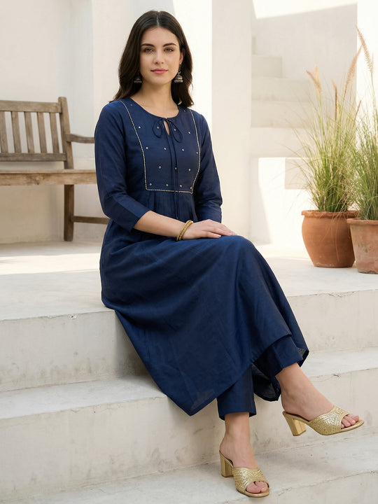 Indo Era Navy Blue Solid A-Line Kurta Trousers set