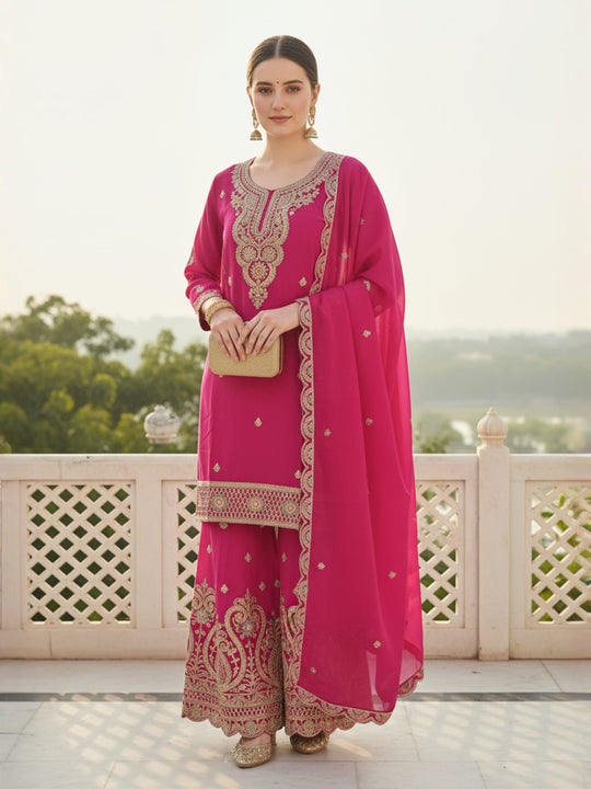 Indo Era Pink Embroidered Straight Kurta Palazzos With Dupatta Set