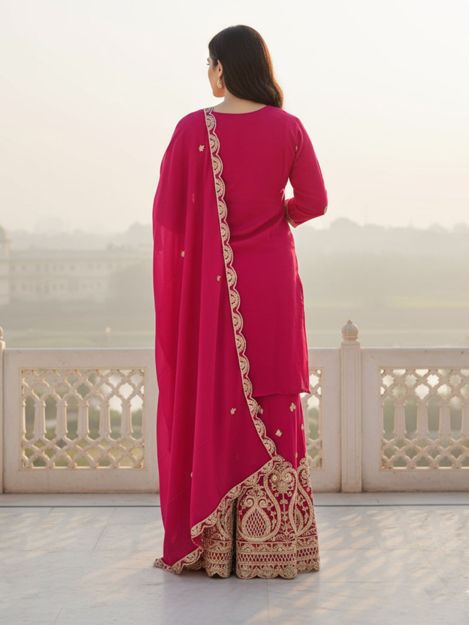 Indo Era Pink Embroidered Straight Kurta Palazzos With Dupatta Set