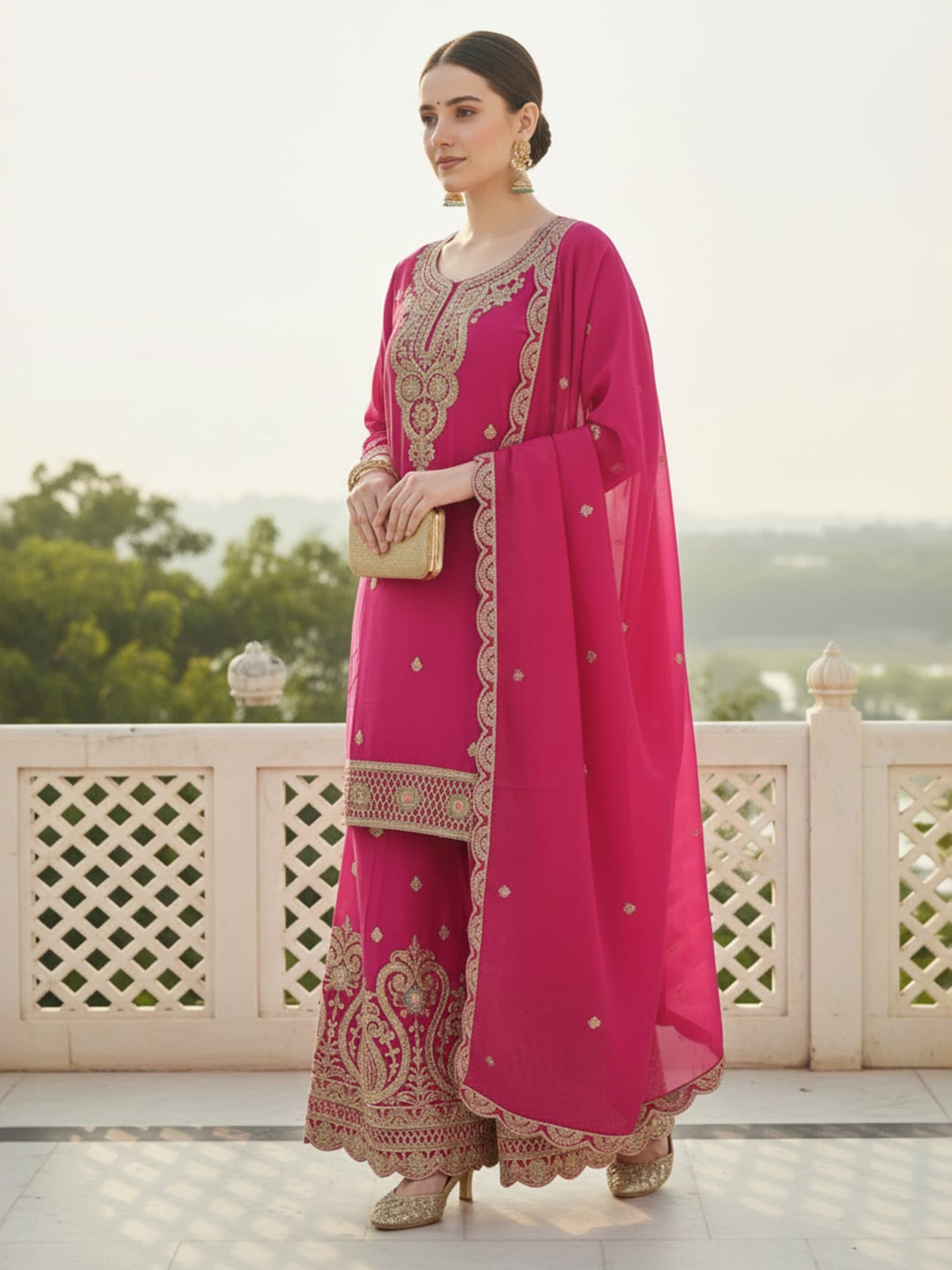 Indo Era Pink Embroidered Straight Kurta Palazzos With Dupatta Set