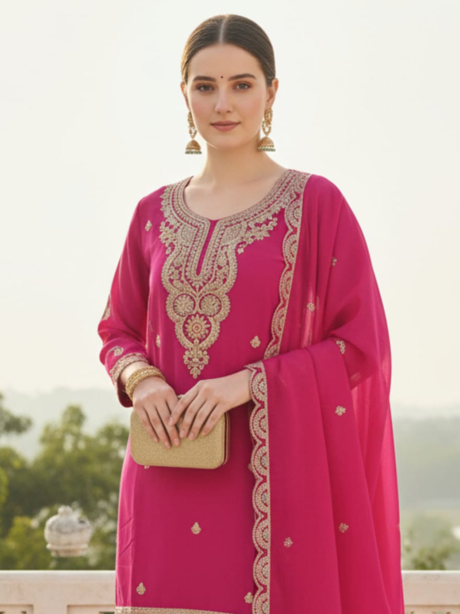 Indo Era Pink Embroidered Straight Kurta Palazzos With Dupatta Set