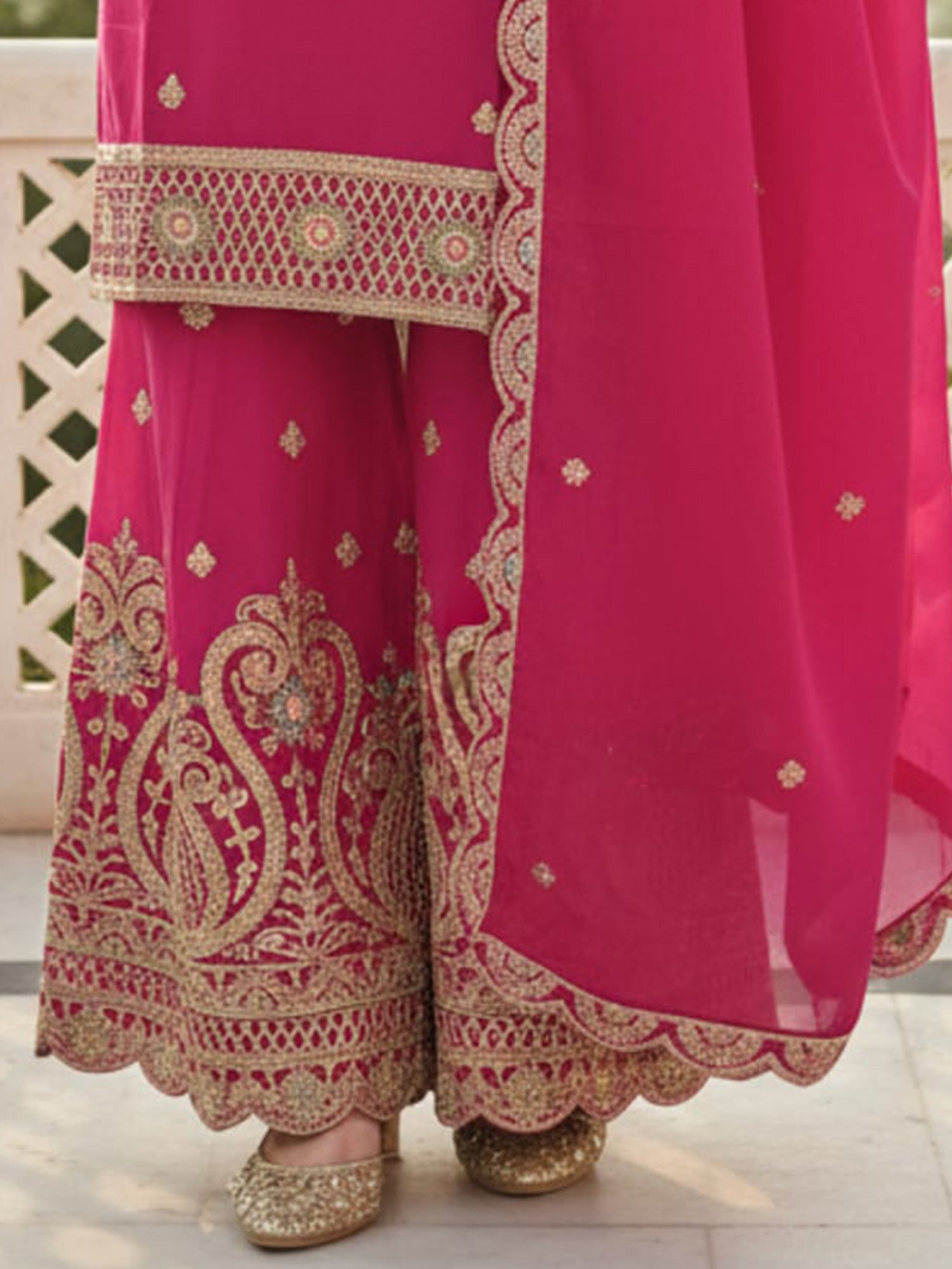 Indo Era Pink Embroidered Straight Kurta Palazzos With Dupatta Set