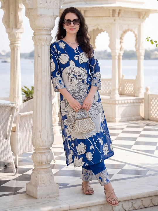 Indo Era Blue Printed Straight Kurta Trousers set