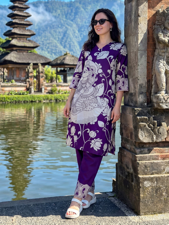 Indo Era Purple Printed Straight Kurta Trousers set