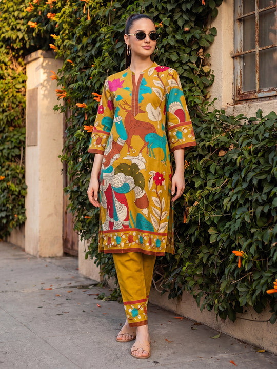 Indo Era Mustard Printed Straight Kurta Trousers set