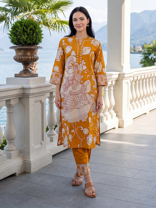 Indo Era Yellow Printed Straight Kurta Trousers set