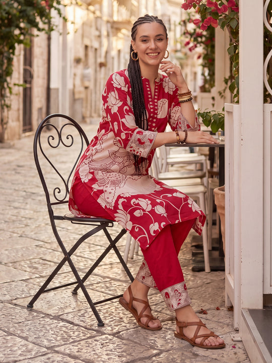 Indo Era Red Printed Straight Kurta Trousers set