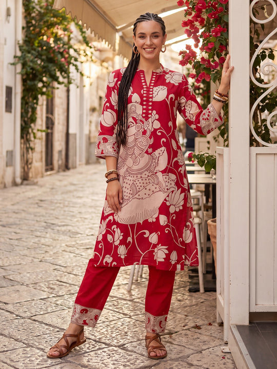Indo Era Red Printed Straight Kurta Trousers set