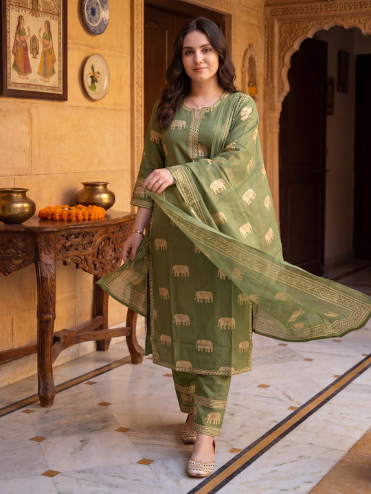 Indo Era Green Printed Straight Kurta Trousers With Dupatta Set