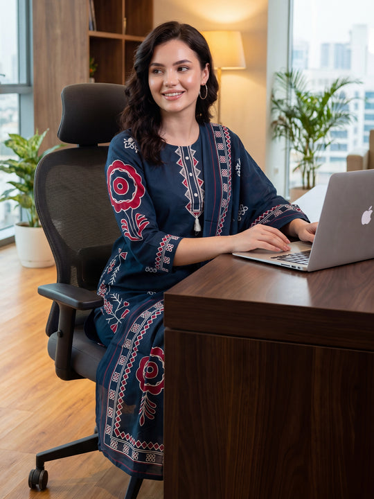 Indo Era Blue Printed Straight Kurta Trousers With Dupatta Set