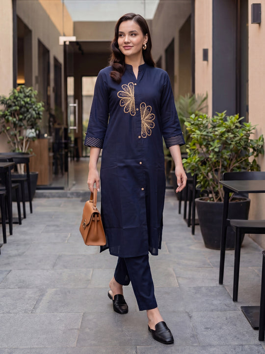 Indo Era Blue Embroidered Straight Kurta Palazzos Set