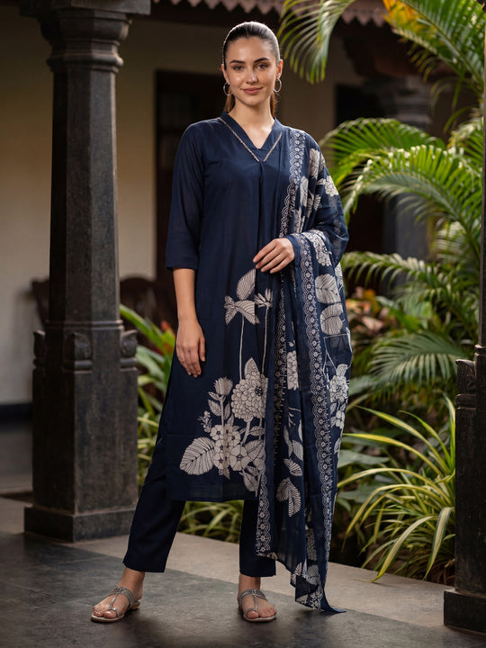 Indo Era Teal Printed Straight Kurta Trousers With Dupatta Set