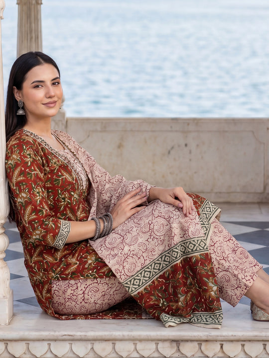 Indo Era Maroon Printed Straight Kurta Trousers With Dupatta Set