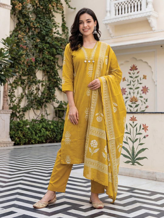 Indo Era Yellow Printed Straight Kurta Palazzos With Dupatta Set