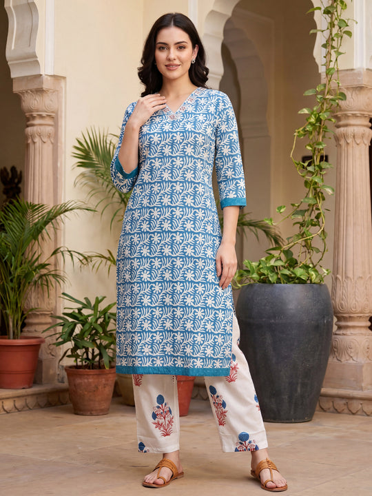 Indo Era Blue Printed Straight Kurta Palazzos Set