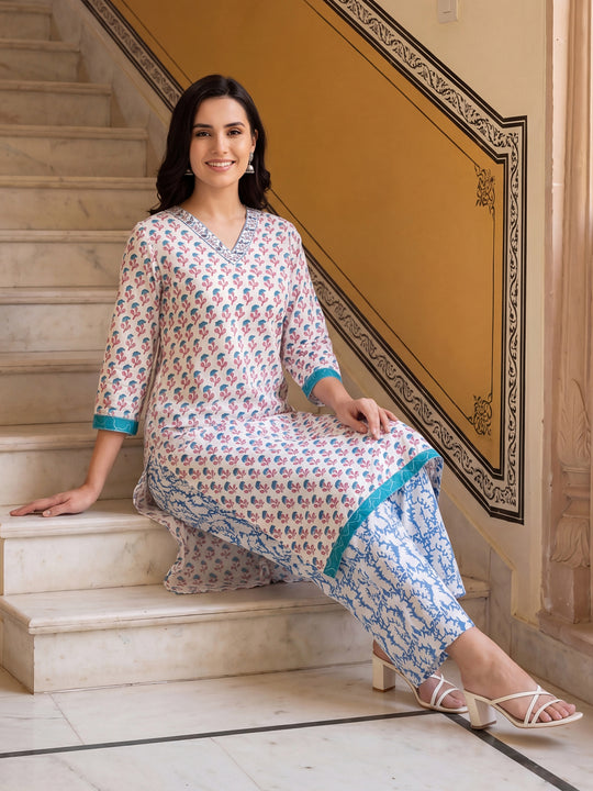 Indo Era Blue Printed Straight Kurta Palazzos Set