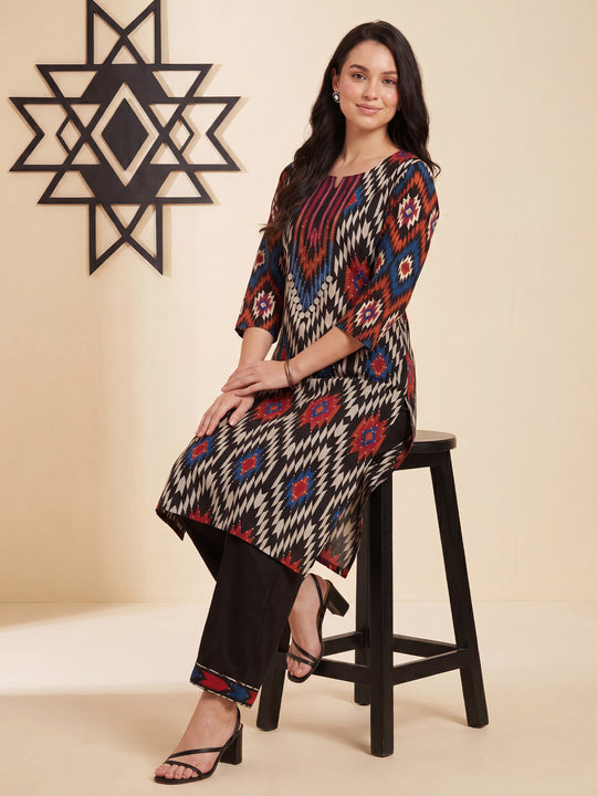 Indo Era Black Printed Straight Kurta Trousers Set