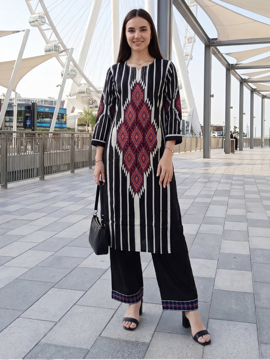 Indo Era Black Printed Straight Kurta Trousers Set