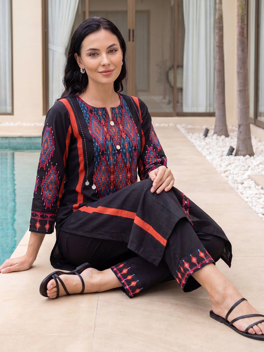 Indo Era Black Printed Straight Kurta Trousers Set