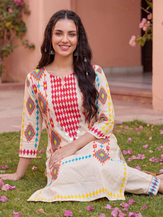 Indo Era Off White Printed Straight Kurta Trousers Set