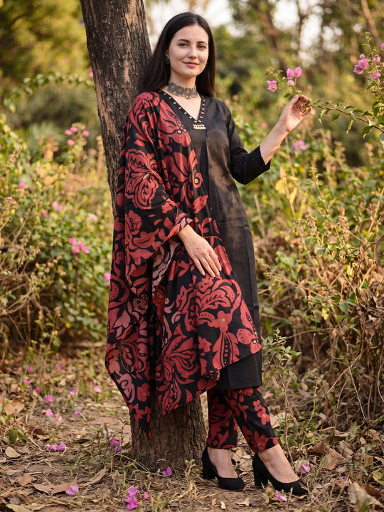 Indo Era Black Solid Straight Kurta Trousers With Dupatta Set