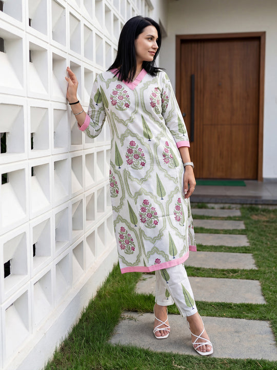 Indo Era White Printed A-Line Kurta Trousers Set