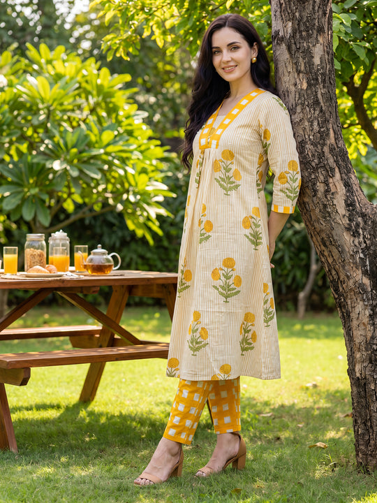 Indo Era Yellow Printed A-Line Kurta Trousers Set