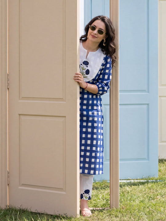 Indo Era Blue Printed Straight Kurta Trousers Set