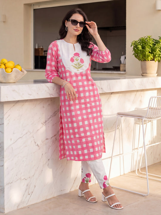 Indo Era Pink Printed Straight Kurta Trousers Set