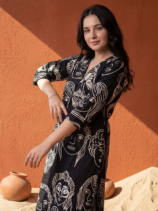 Indo Era Black Printed Straight Kurta Trousers Set