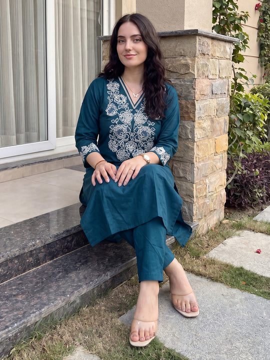 Indo Era Blue Embroidered Straight Kurta Trousers Set