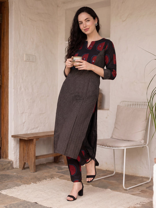 Indo Era Black Printed Straight Kurta Trousers Set