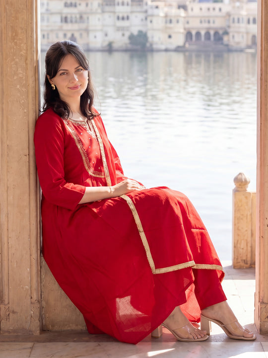 Indo Era Red Embroidered A-Line Kurta Trousers With Dupatta Set