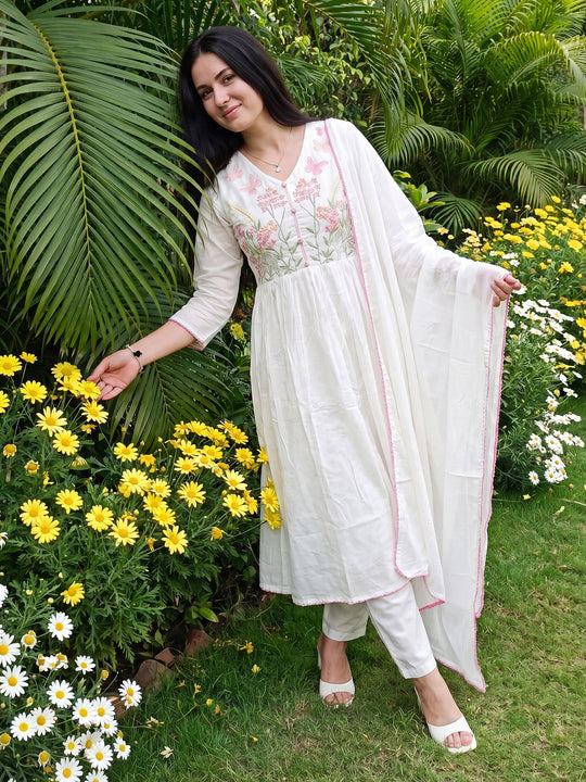 Indo Era Off White Embroidered Anarkali Kurta Trousers With Dupatta Set