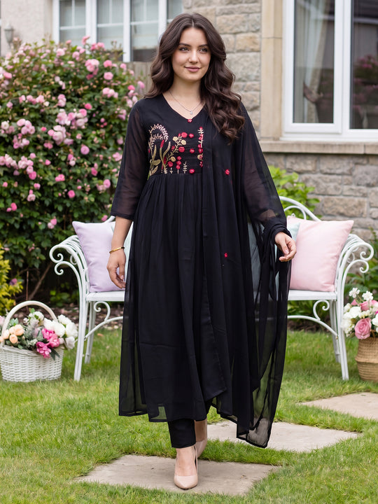 Indo Era Black Embroidered Anarkali Kurta Trousers With Dupatta Set