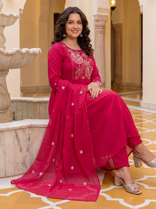 Indo Era Pink Embroidered A-Line Kurta Trousers With Dupatta Set