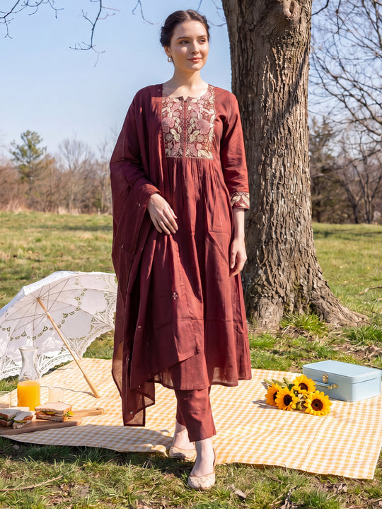Indo Era Brown Embroidered A-Line Kurta Trousers With Dupatta Set