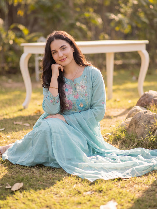Indo Era Blue Embroidered A-Line Kurta Trousers With Dupatta Set