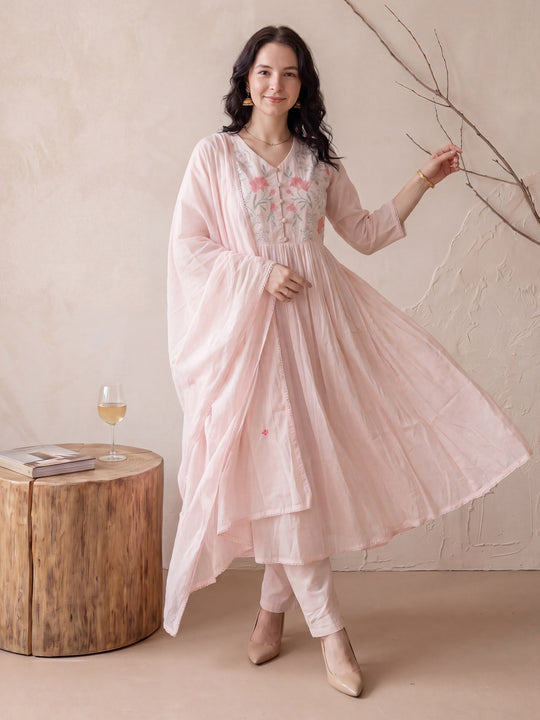 Indo Era Pink Embroidered Anarkali Kurta Trousers With Dupatta Set