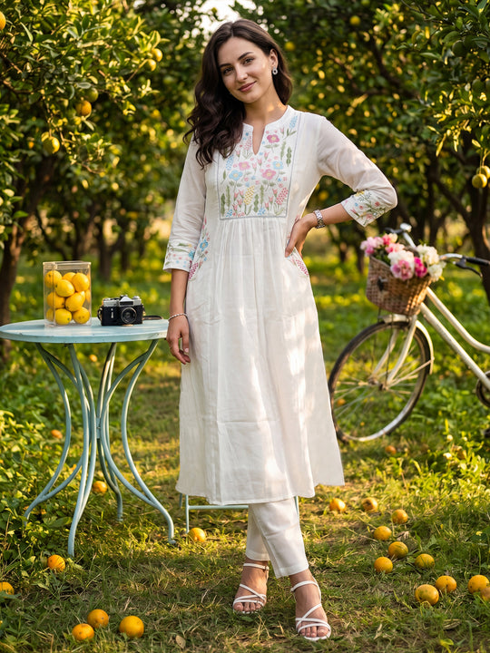 Indo Era Off White Embroidered A-Line Kurta Trousers Set