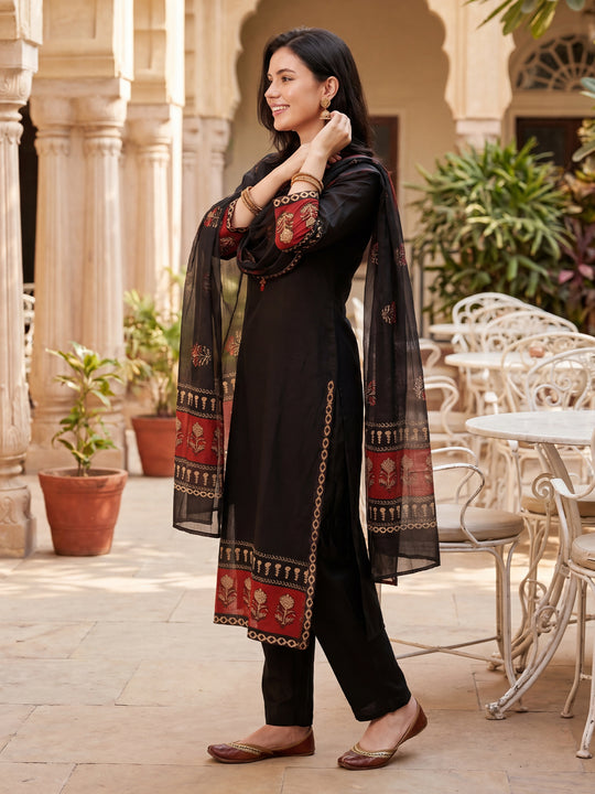 Indo Era Black Printed Straight Kurta Trousers With Dupatta Set