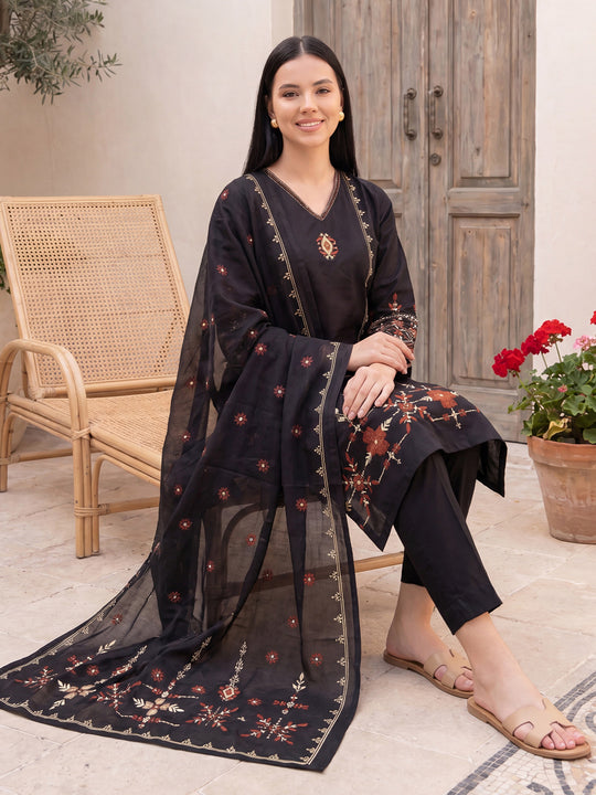 Indo Era Black Embroidered Straight Kurta Trousers With Dupatta Set