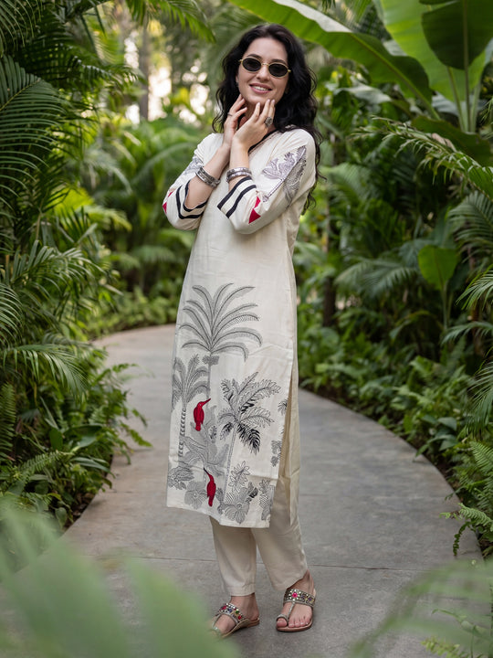 Indo Era White Printed Straight Kurta Trousers Set
