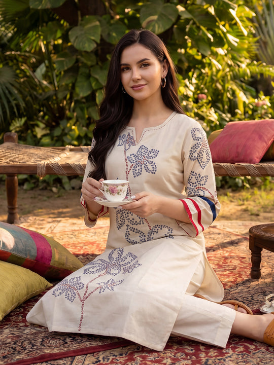 Indo Era White Printed Straight Kurta Trousers Set