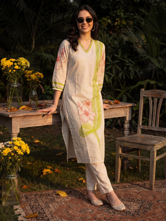 Indo Era White Printed Straight Kurta Trousers Set