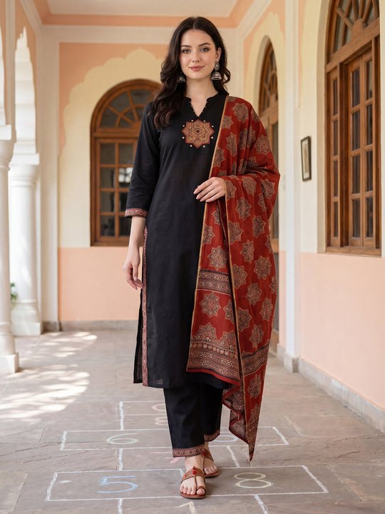Indo Era Black Self Design Straight Kurta Trousers With Dupatta Set
