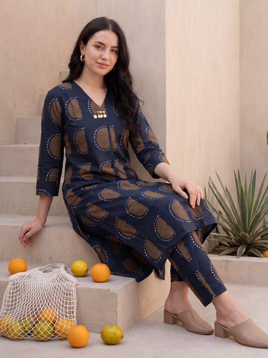Indo Era Blue Printed Straight Kurta Trousers Set