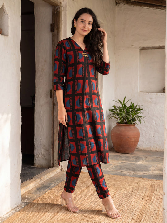 Indo Era Black Printed Straight Kurta Trousers Set