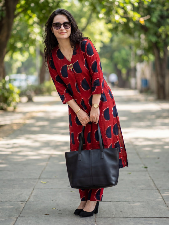 Indo Era Rust Printed Straight Kurta Trousers Set